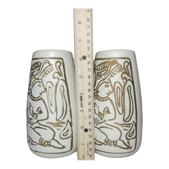 Vintage Mid-Century Mayan Aztec Native Design Vase Pair Cream Gold USA Made - Picture 10 of 16